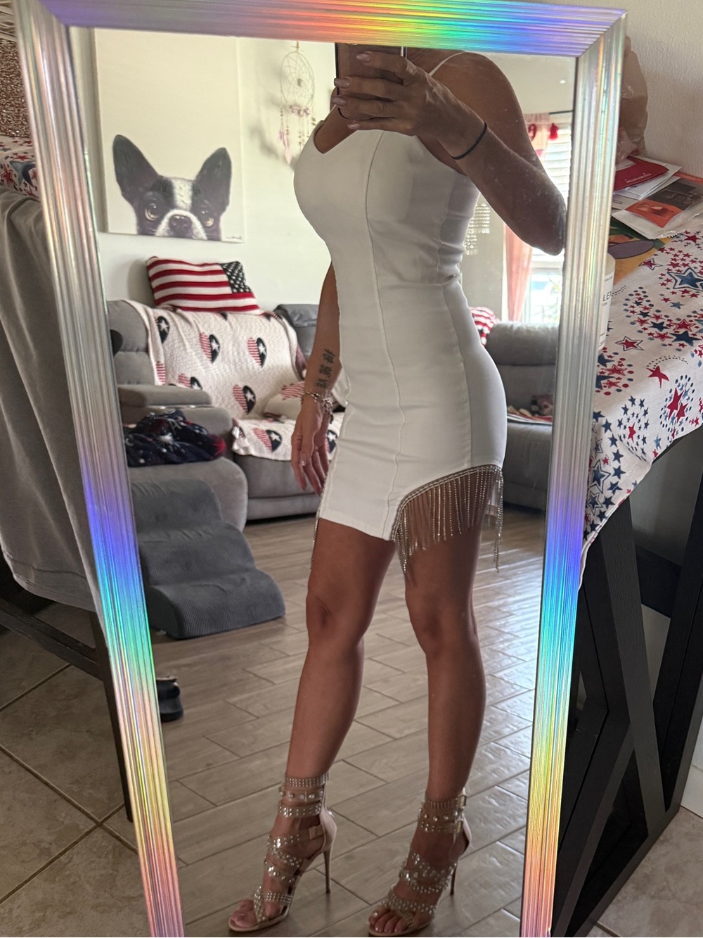 New Haute Monde White Rhinestone Fringe Mini Dress Size S